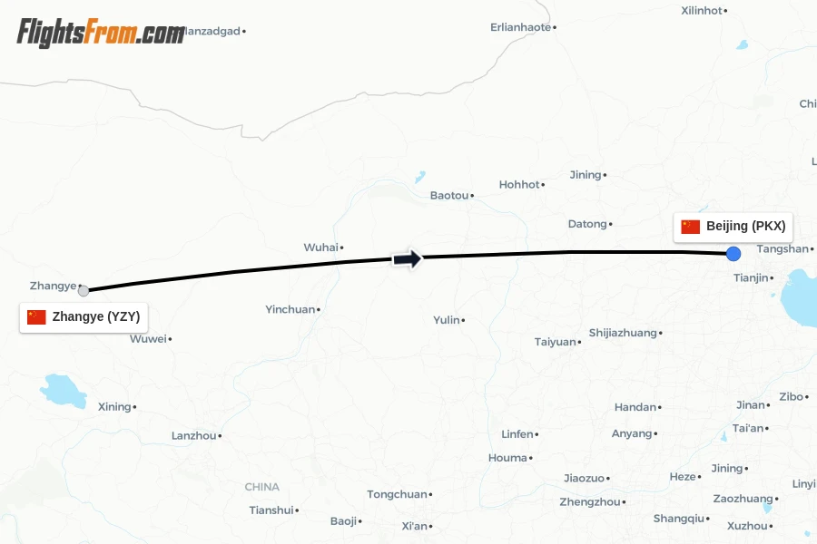 Flights from Zhangye to Beijing route map