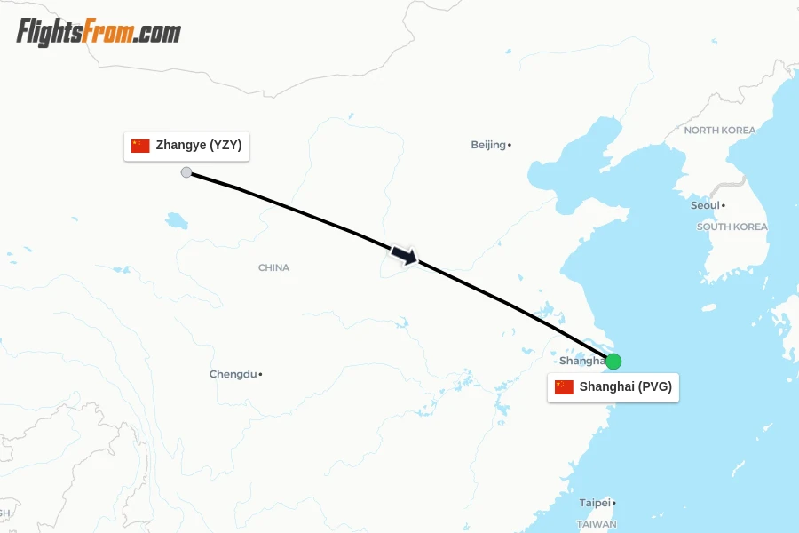 Flights from Zhangye to Shanghai route map