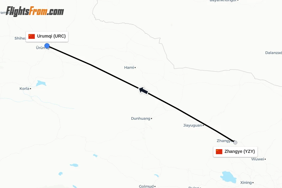 Flights from Zhangye to Urumqi route map