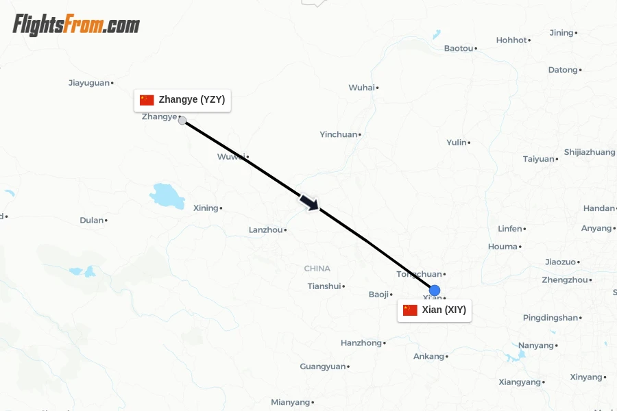 Flights from Zhangye to Xian route map