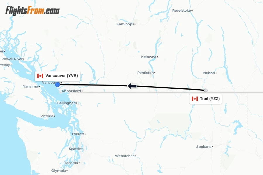 Flights from Trail to Vancouver route map