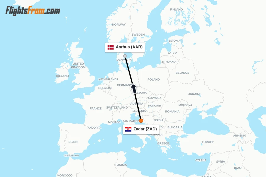 Flights from Zadar to Aarhus route map