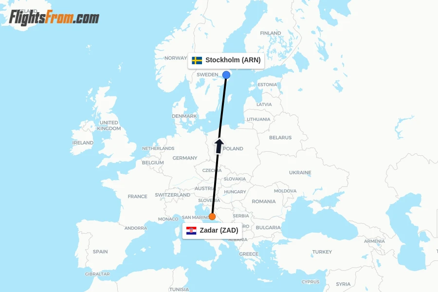 Flights from Zadar to Stockholm route map