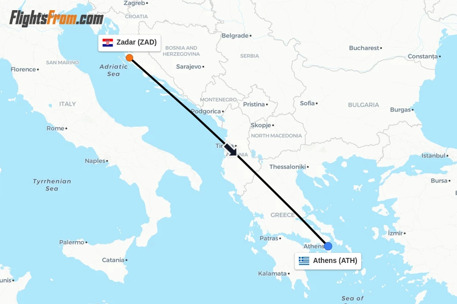Flights from Zadar to Athens route map