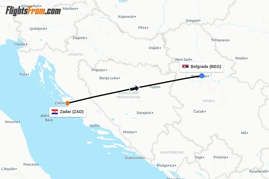 Flights from Zadar to Belgrade route map