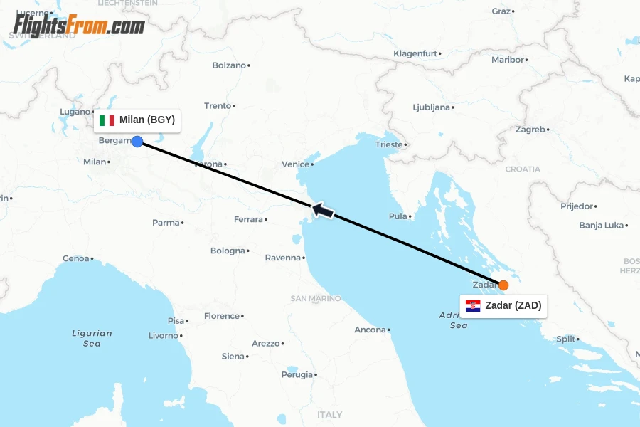 Flights from Zadar to Milan route map