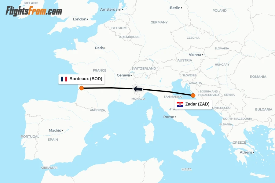 Flights from Zadar to Bordeaux route map