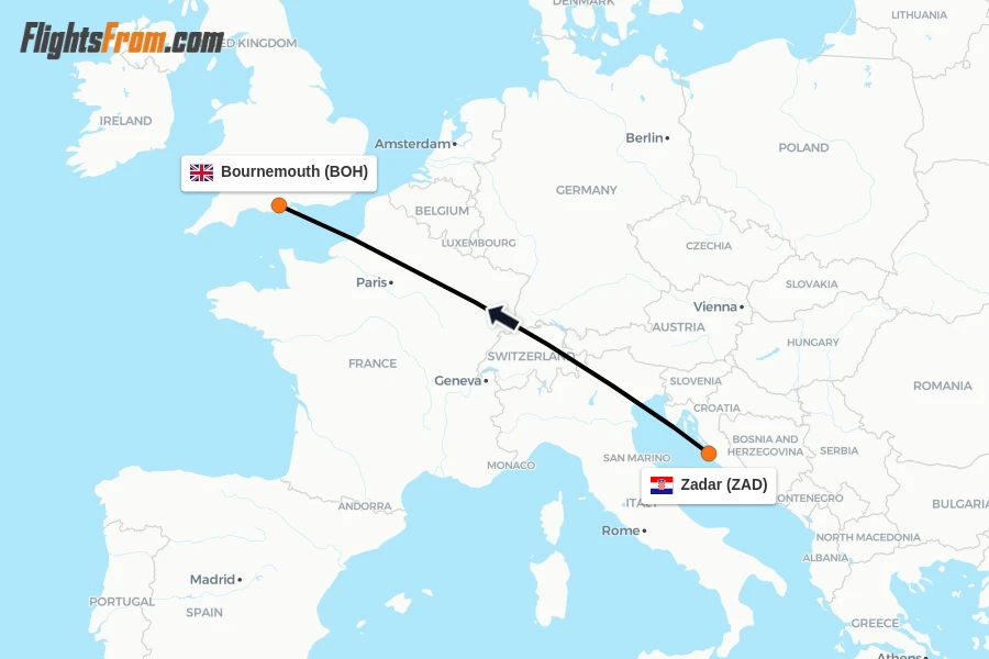 Flights from Zadar to Bournemouth route map