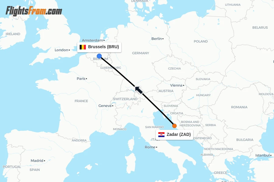 Flights from Zadar to Brussels route map