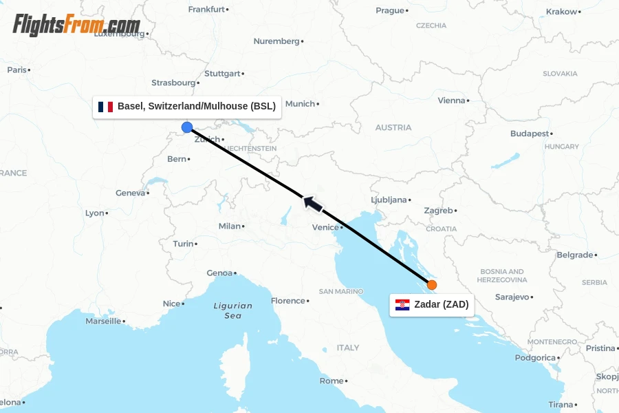 Flights from Zadar to Basel, Switzerland/Mulhouse route map