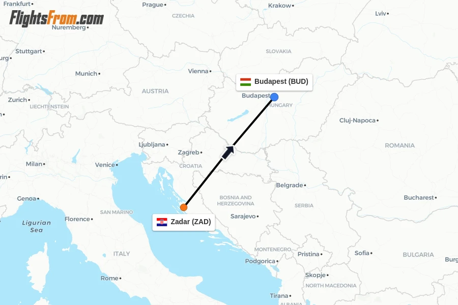 Flights from Zadar to Budapest route map