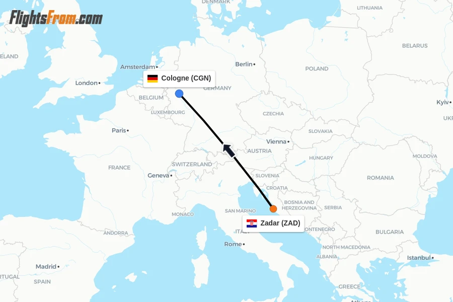 Flights from Zadar to Cologne route map