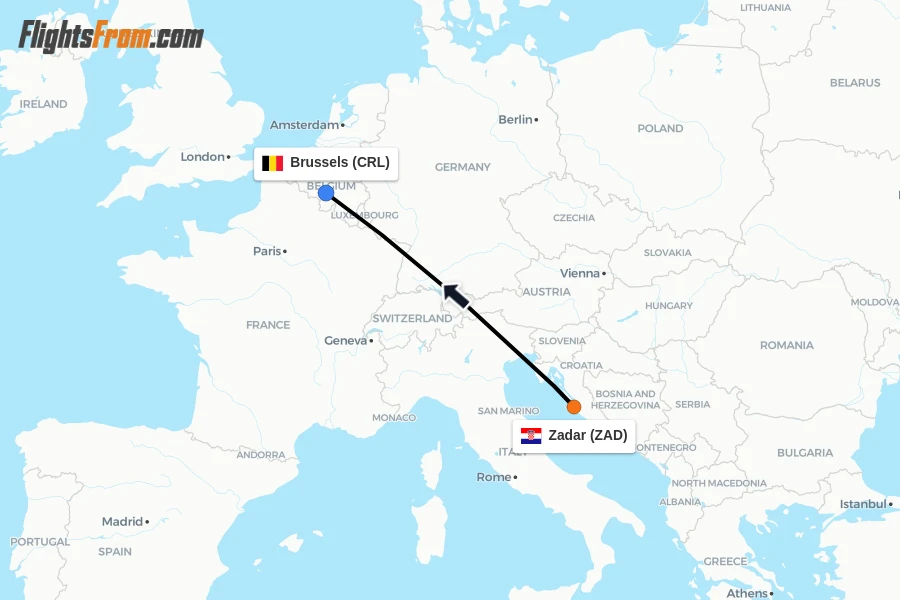 Flights from Zadar to Brussels route map