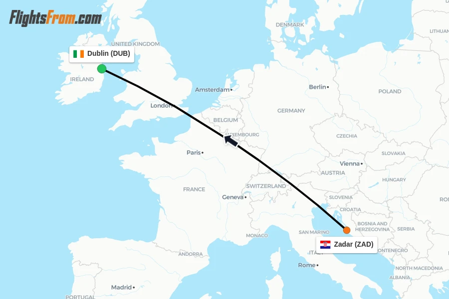 Flights from Zadar to Dublin route map