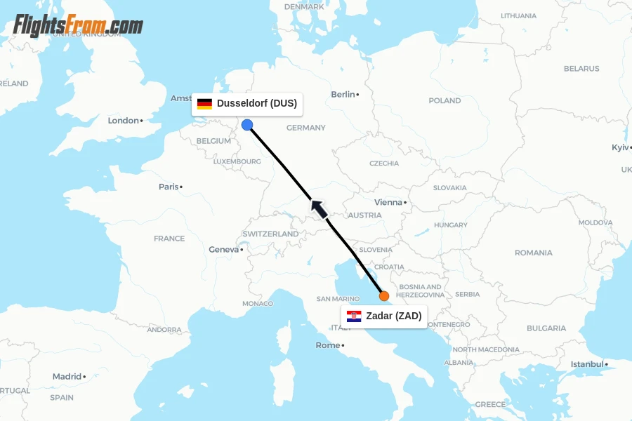 Flights from Zadar to Dusseldorf route map