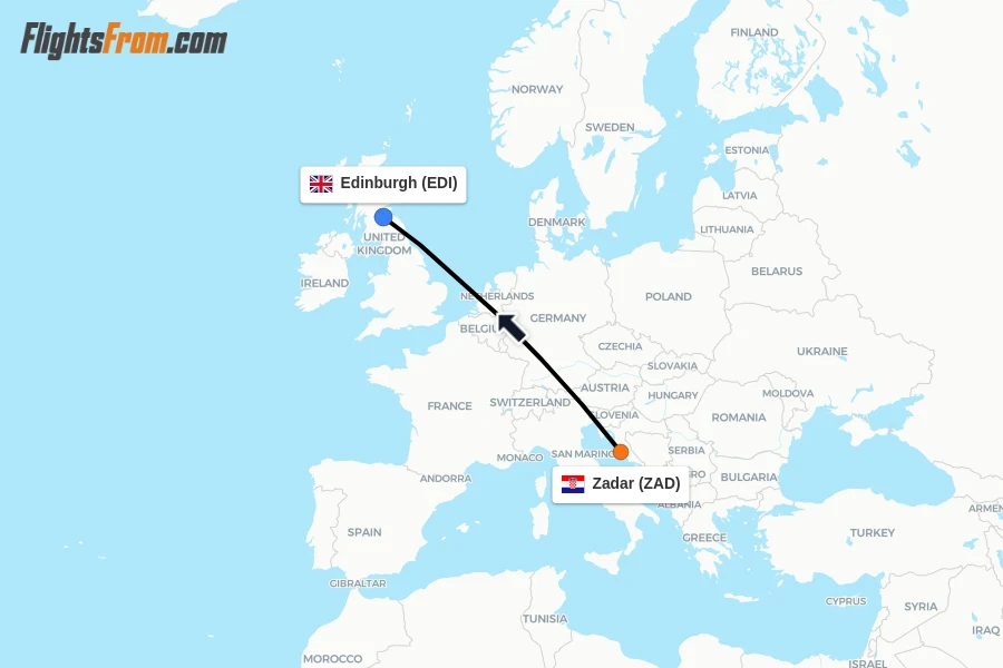 Flights from Zadar to Edinburgh route map
