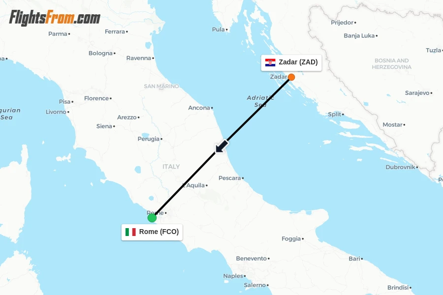 Flights from Zadar to Rome route map