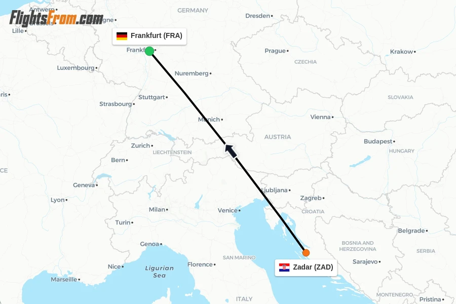 Flights from Zadar to Frankfurt route map