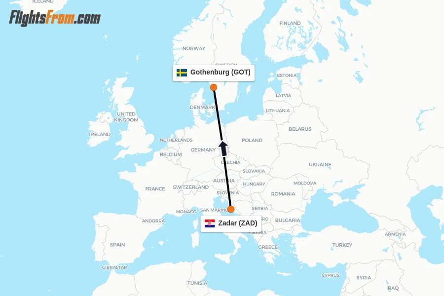 Flights from Zadar to Gothenburg route map