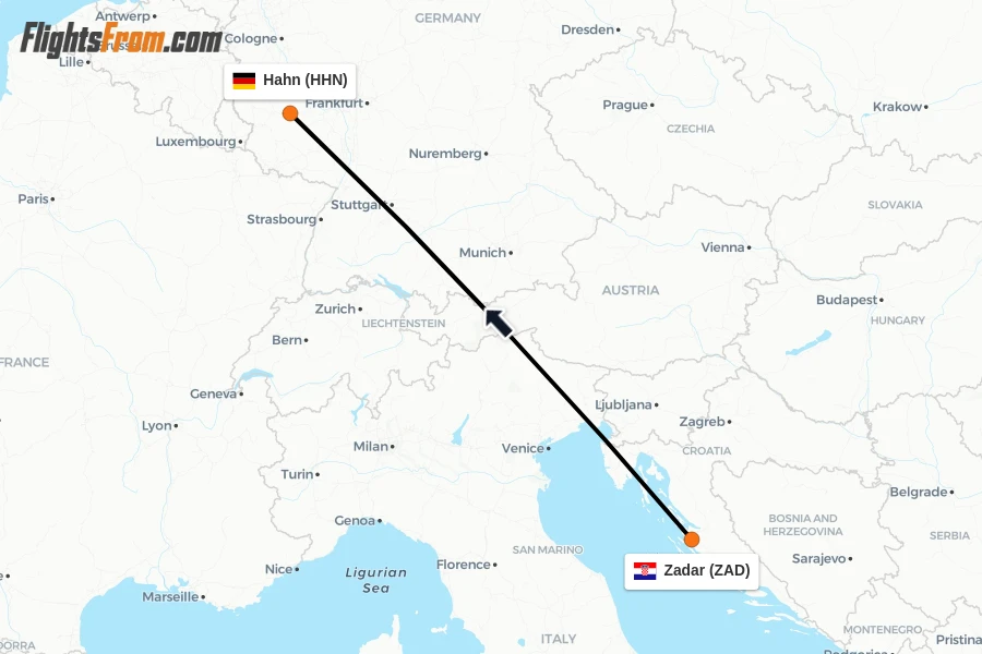 Flights from Zadar to Hahn route map