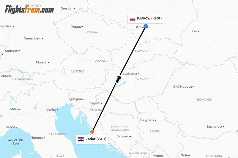 Flights from Zadar to Krakow route map