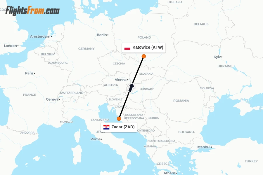Flights from Zadar to Katowice route map