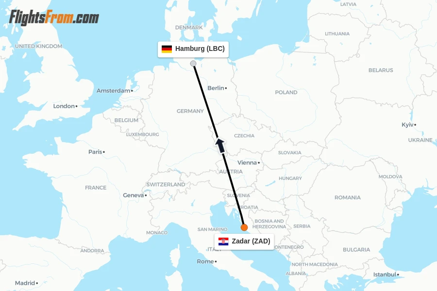 Flights from Zadar to Hamburg route map