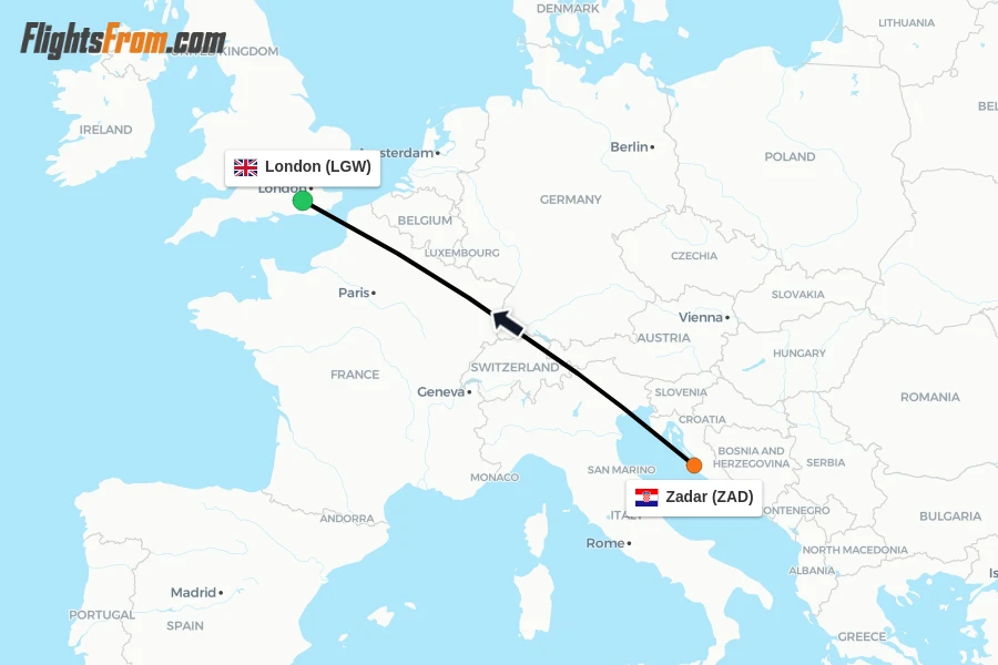 Flights from Zadar to London route map