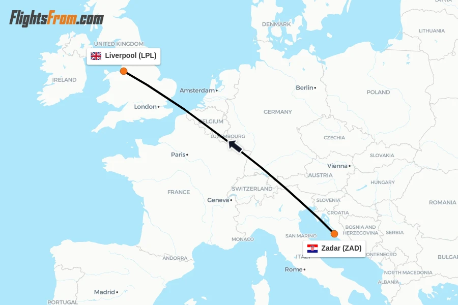 Flights from Zadar to Liverpool route map