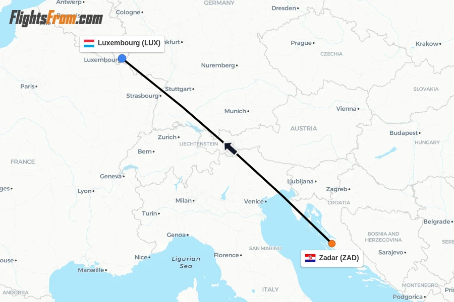 Flights from Zadar to Luxembourg route map