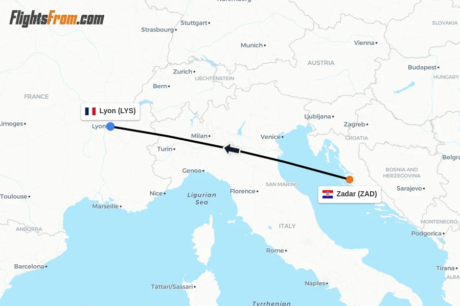 Flights from Zadar to Lyon route map