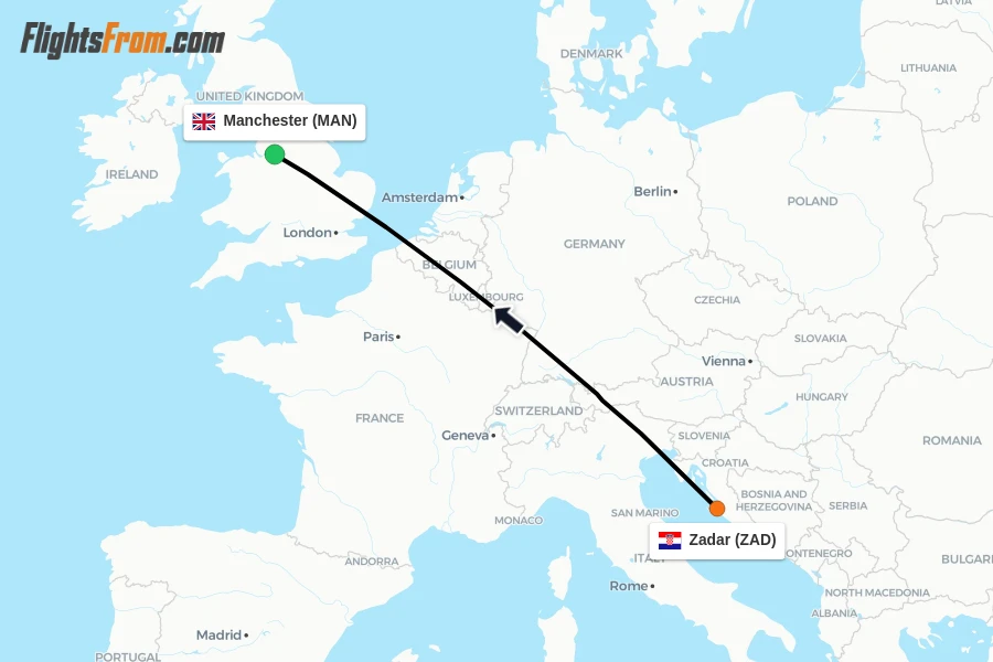 Flights from Zadar to Manchester route map