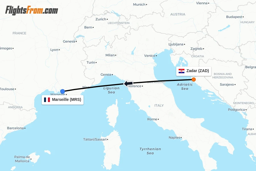 Flights from Zadar to Marseille route map