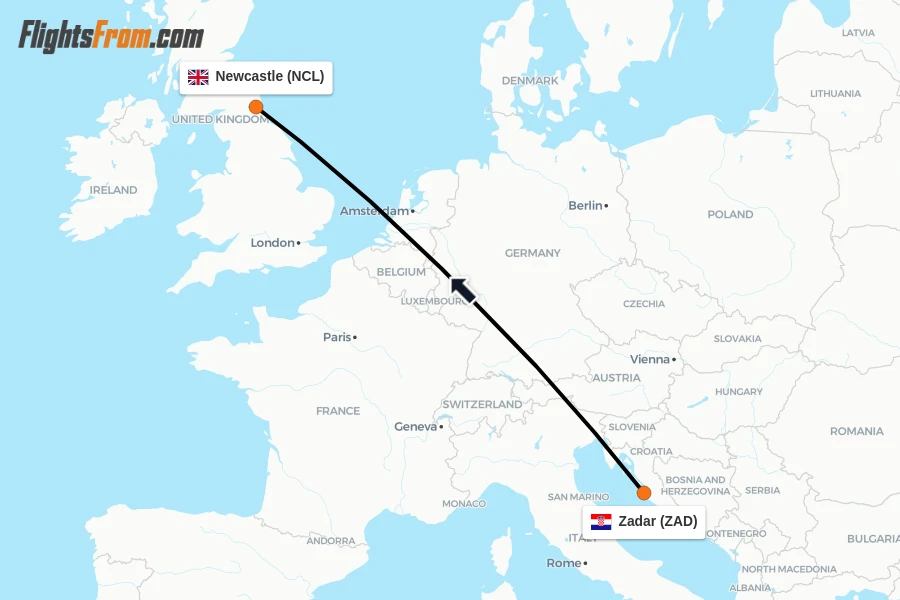 Flights from Zadar to Newcastle route map