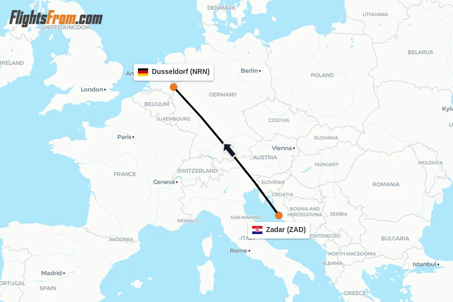 Flights from Zadar to Dusseldorf route map