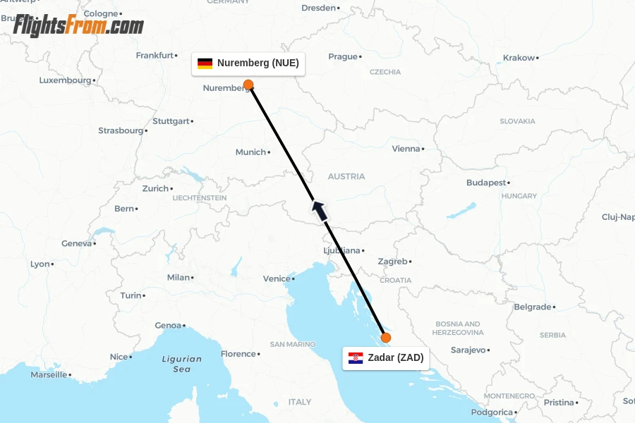 Flights from Zadar to Nuremberg route map