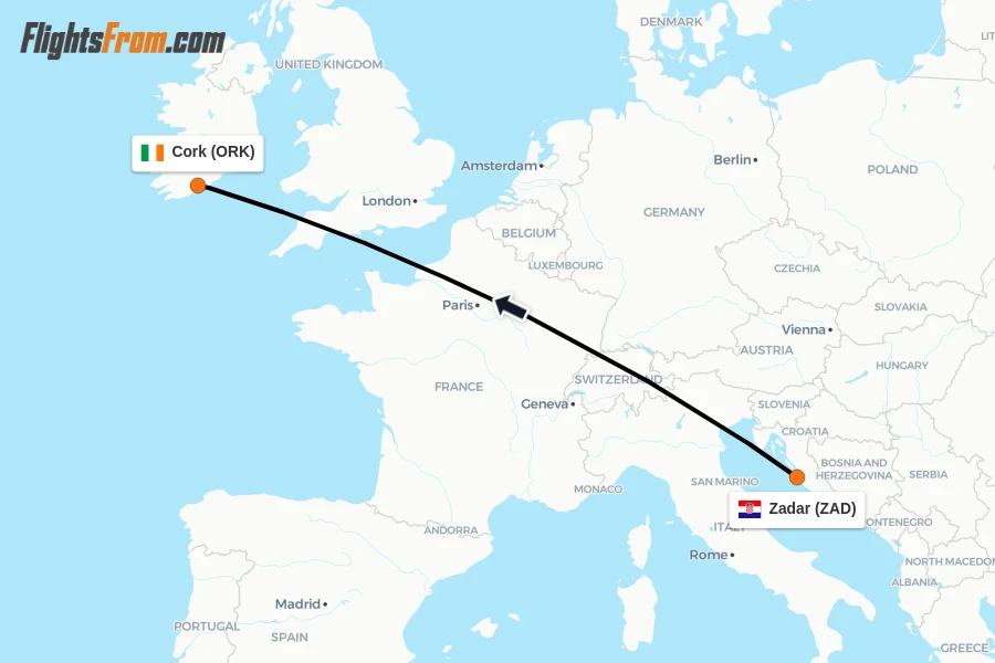 Flights from Zadar to Cork route map