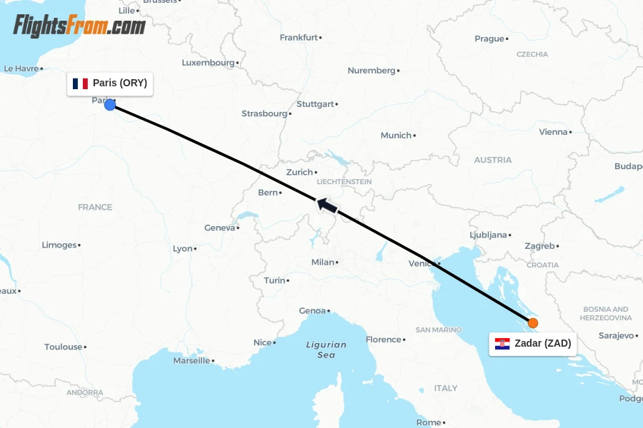 Flights from Zadar to Paris route map