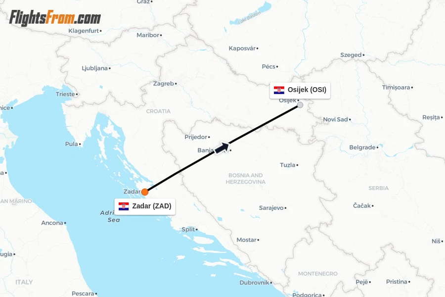Flights from Zadar to Osijek route map