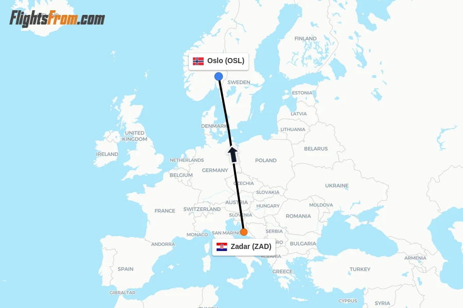 Flights from Zadar to Oslo route map