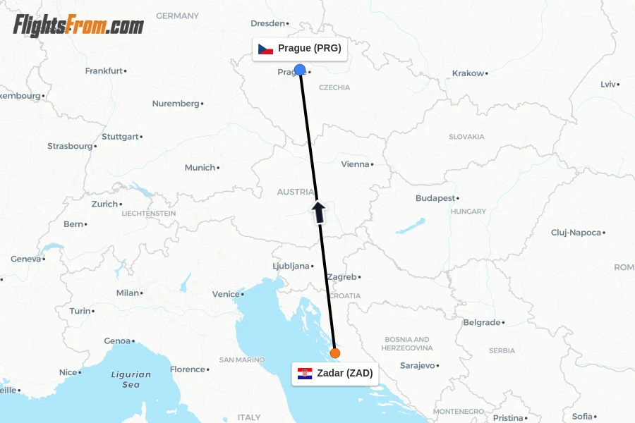 Flights from Zadar to Prague route map