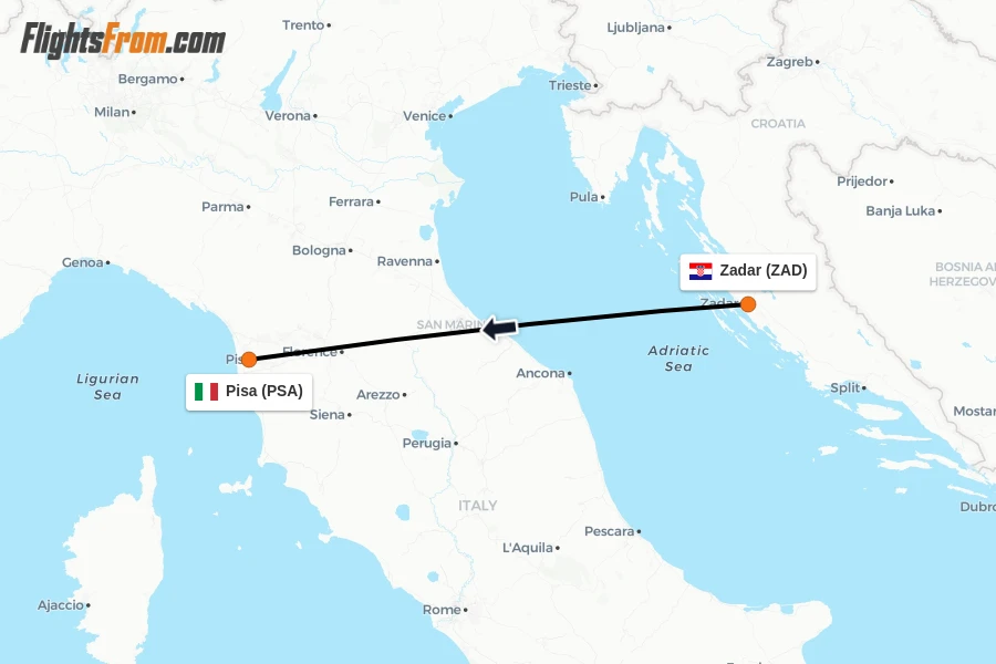 Flights from Zadar to Pisa route map