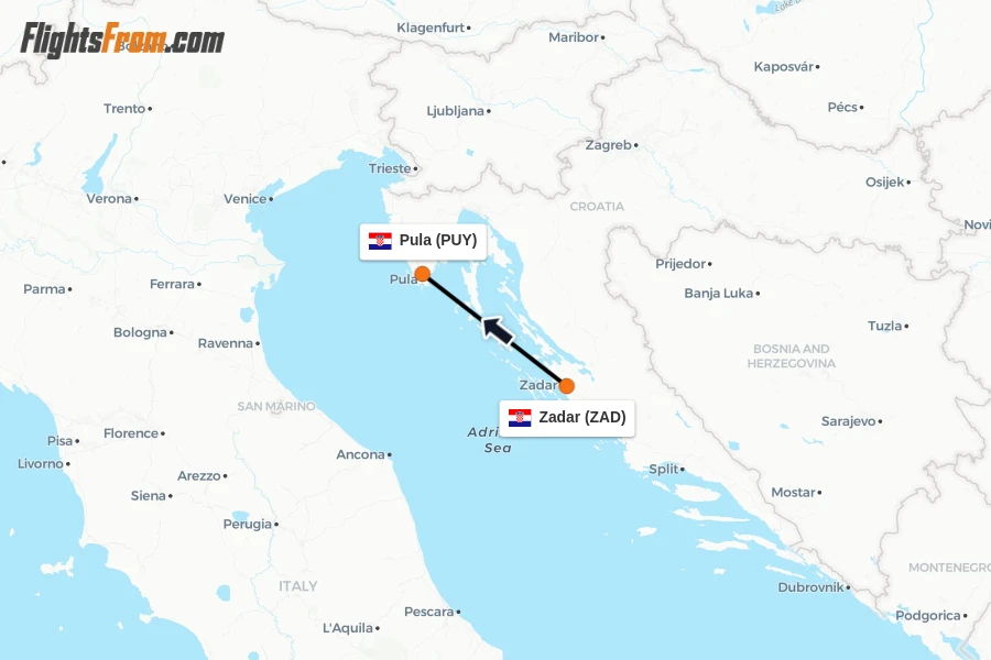 Flights from Zadar to Pula route map