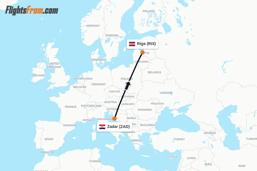 Flights from Zadar to Riga route map