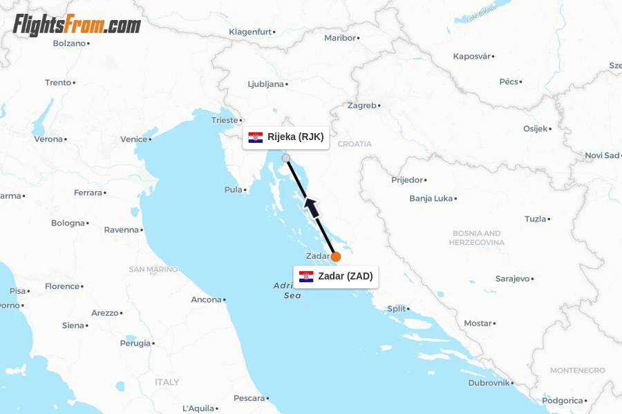 Flights from Zadar to Rijeka route map