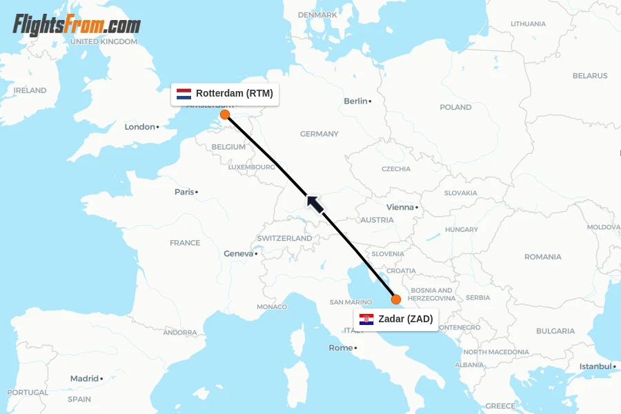 Flights from Zadar to Rotterdam route map