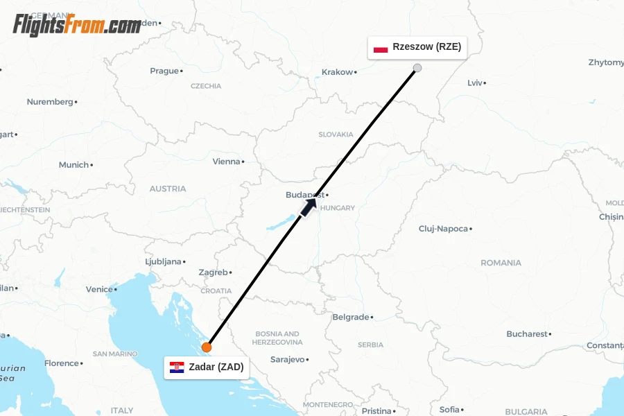 Flights from Zadar to Rzeszow route map