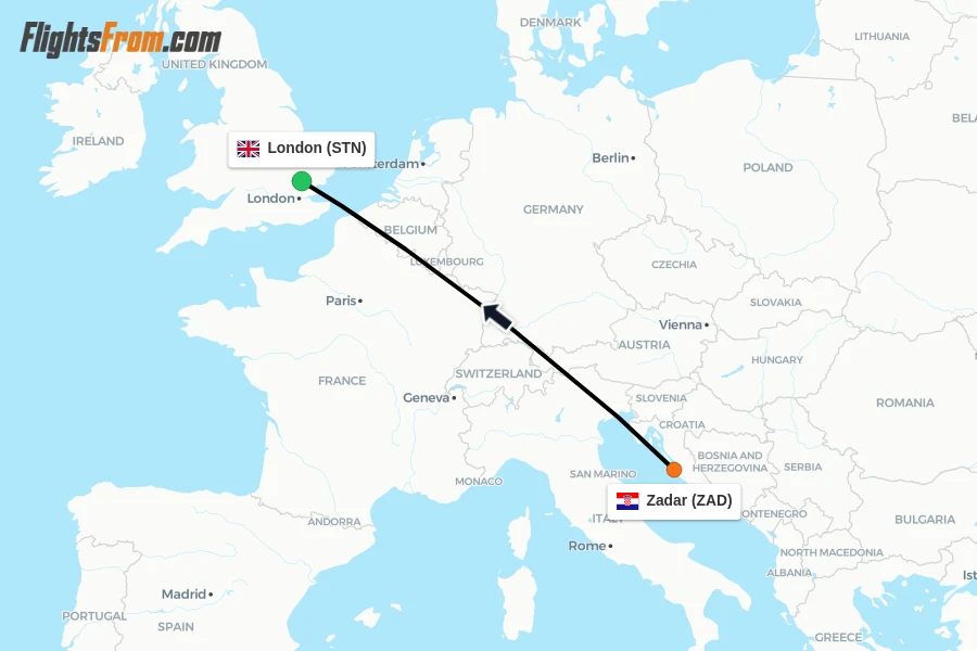Flights from Zadar to London route map