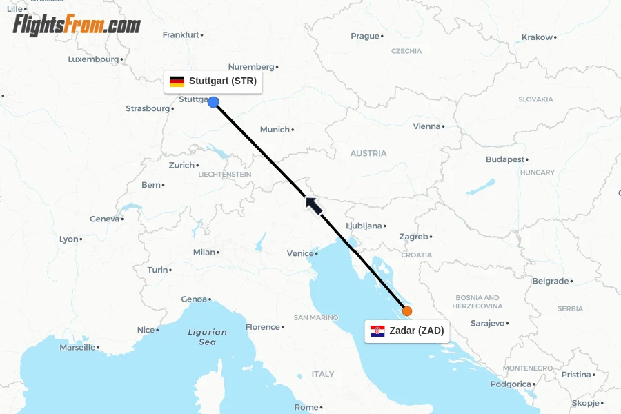 Flights from Zadar to Stuttgart route map