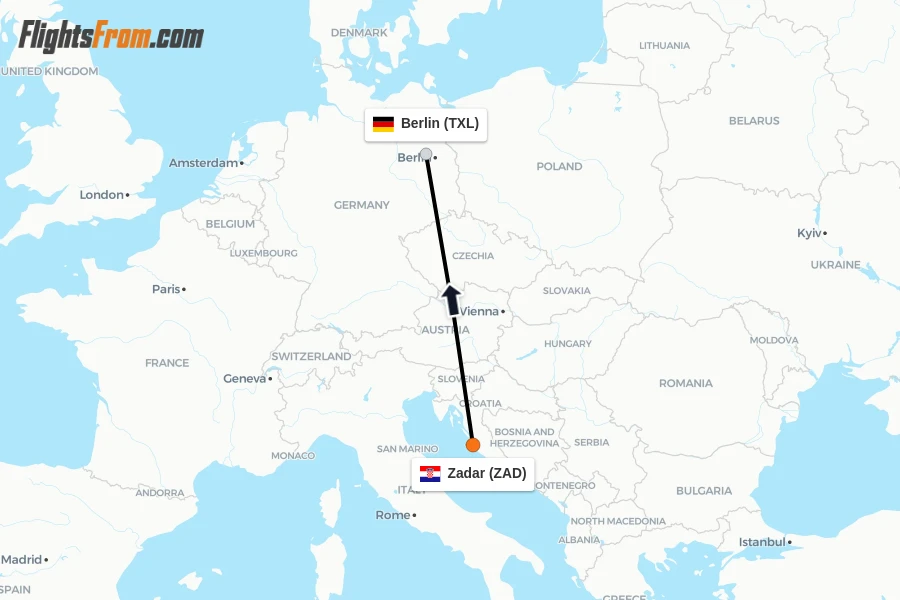 Flights from Zadar to Berlin route map